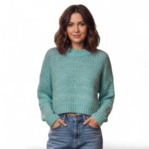 Aritzia Wilfred Lune Sweater Knit Cropped Crewneck Wool Oceanic Teal blue XS - Picture 1 of 14